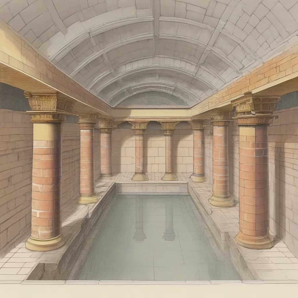 Reconstruction drawing showing cross section of a Roman bath house highlighting the hypocaust system.