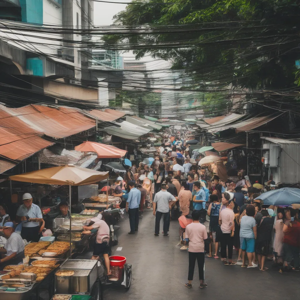 A busy street food market in Bangkok, Thailand, with people of all ages and backgrounds enjoying the food.