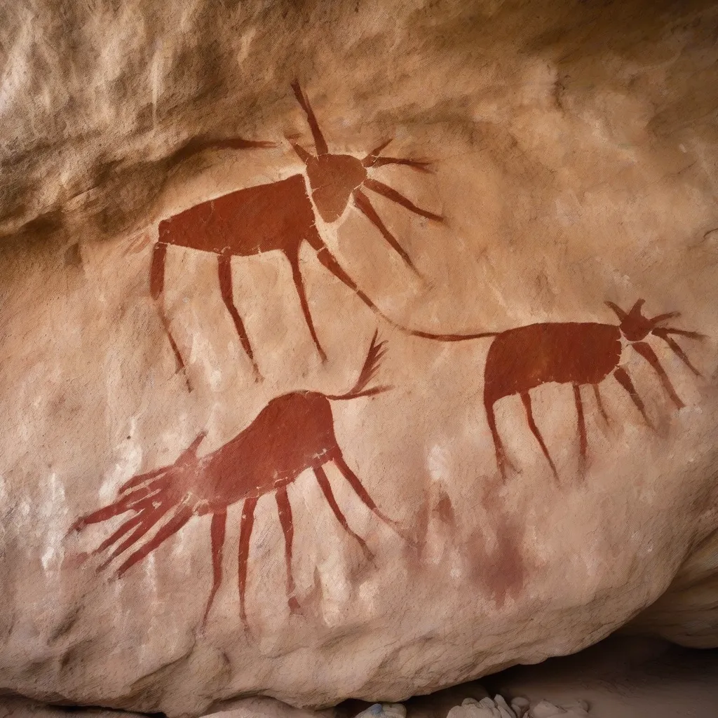 Hand stencil cave painting at the Cueva de las Manos, Argentina