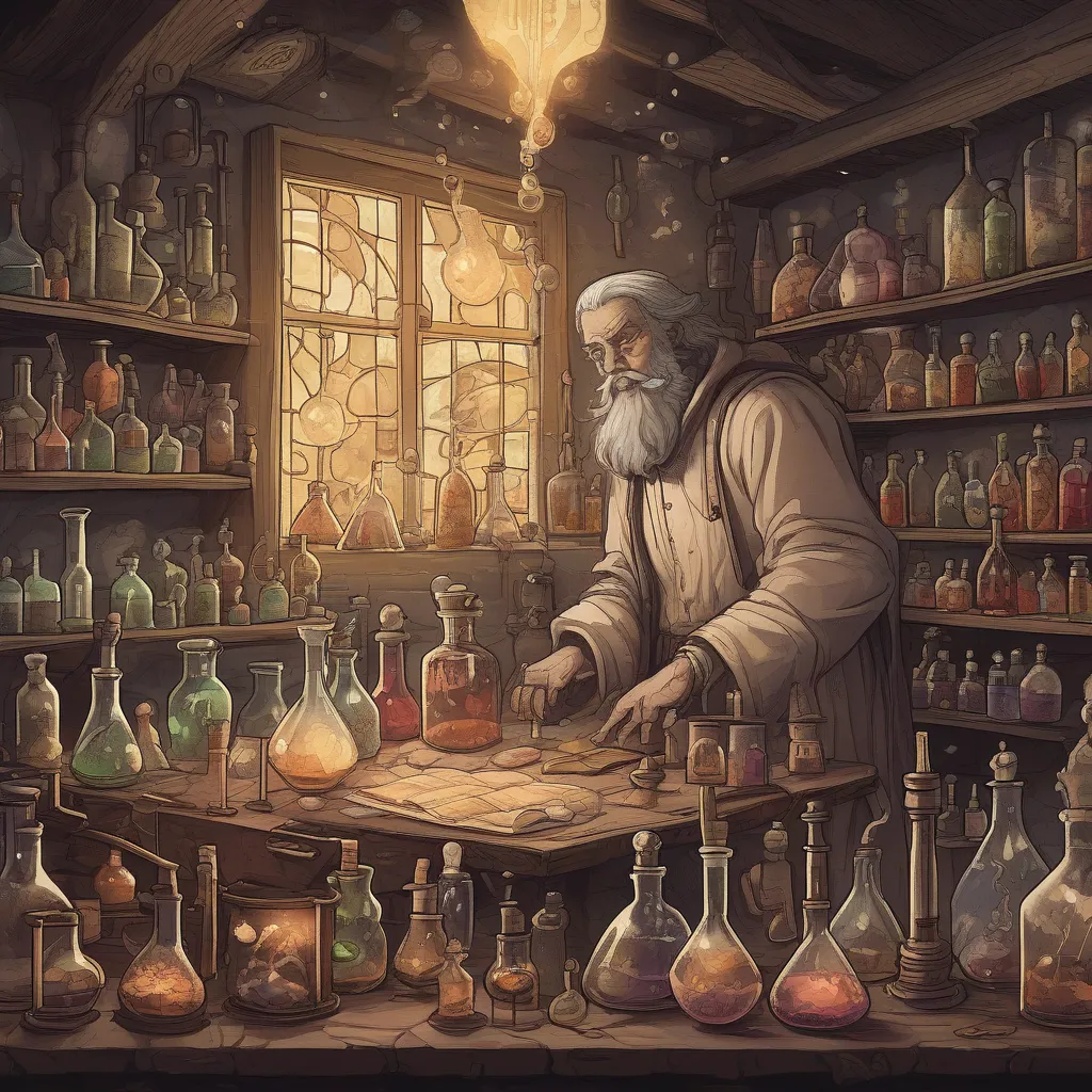 An illustration of an alchemist in his workshop, surrounded by beakers and flasks, with a glowing Philosopher's Stone in the center.