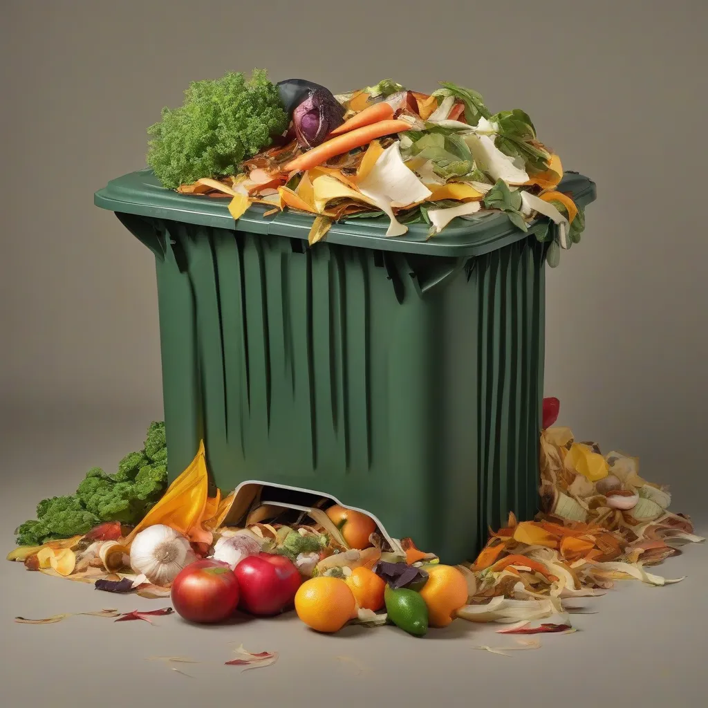 A compost bin overflowing with vegetable scraps and fruit peels.