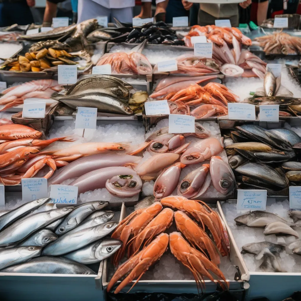 A diverse selection of sustainably sourced seafood displayed on ice at a market.