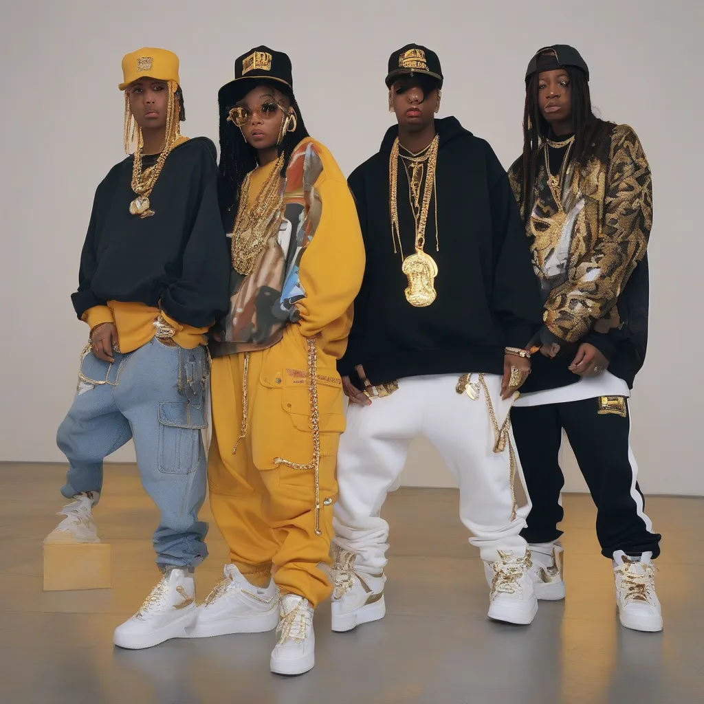 People dressed in baggy clothing, sneakers, and gold chains which are trademarks of hip hop fashion.