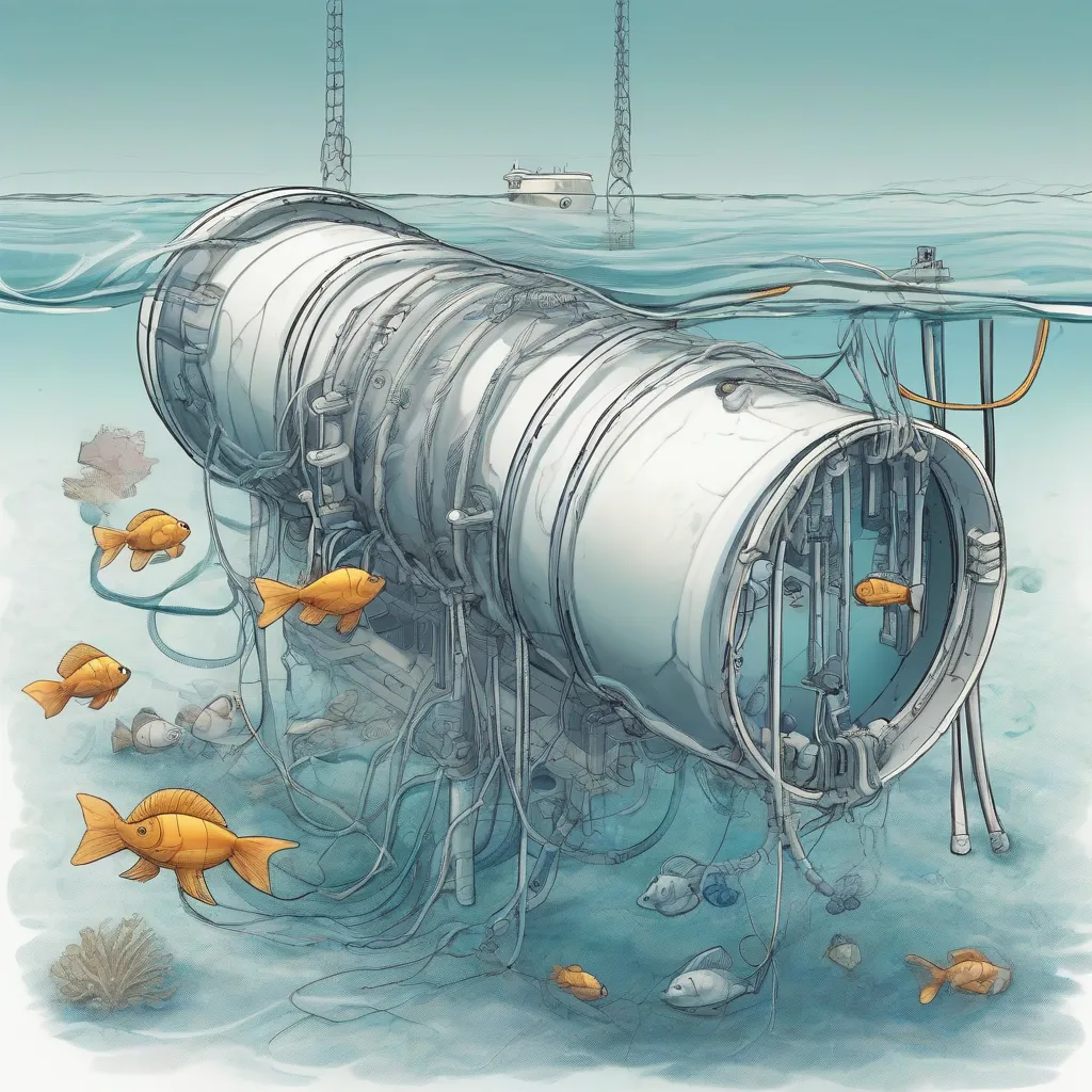 An illustration of a cylindrical underwater data center capsule resting on the seabed, connected by cables, with fish swimming nearby.