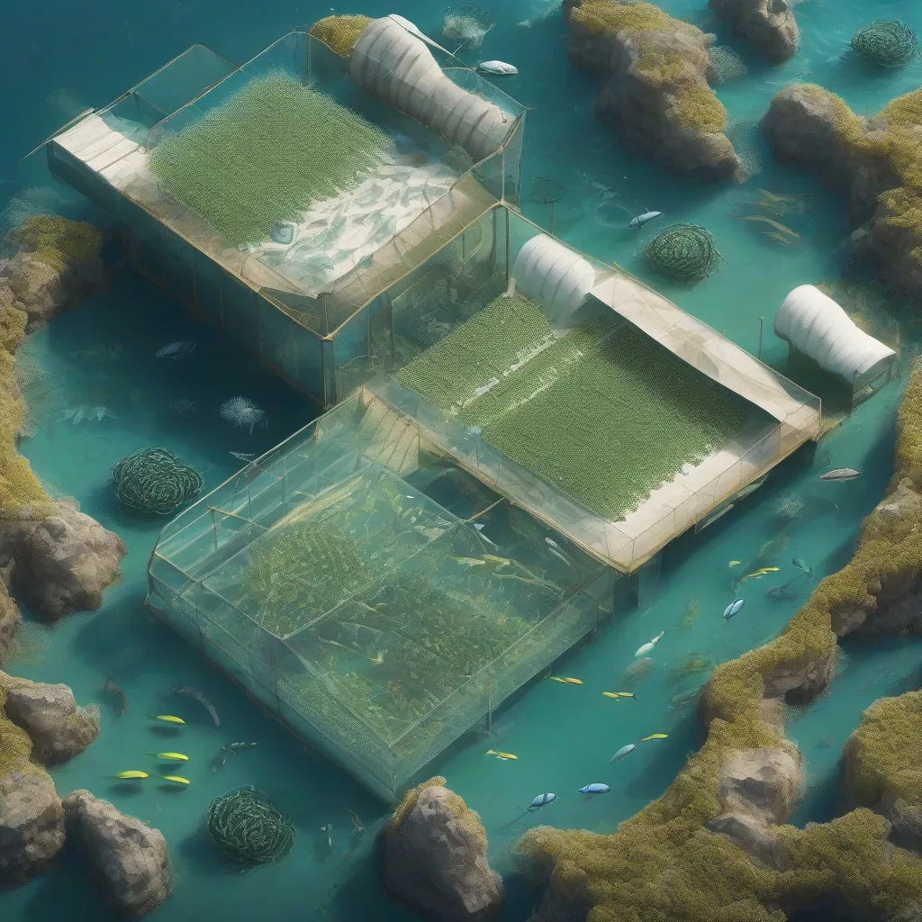An ocean farm with seaweed, shellfish, and other marine life growing in a three-dimensional structure.
