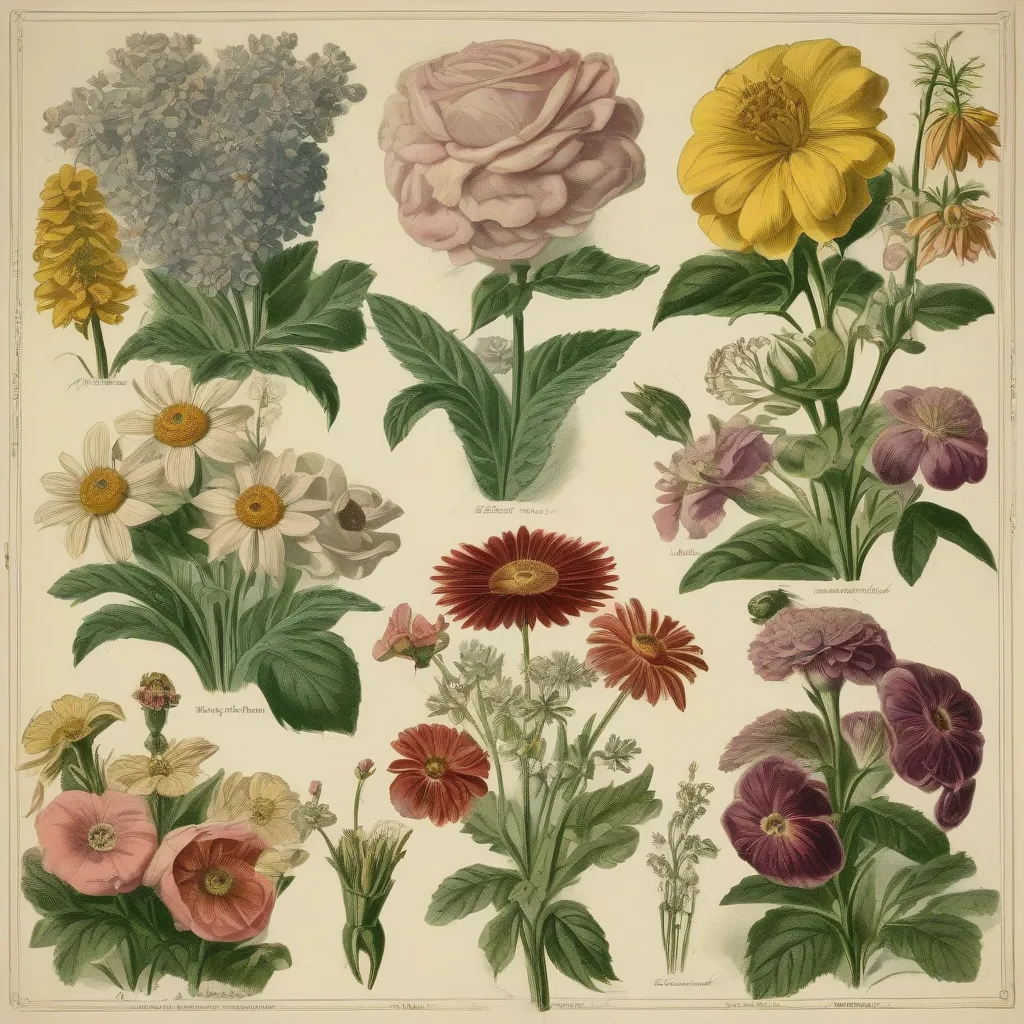 A vintage illustration of various flowers with their corresponding Victorian meanings labeled.