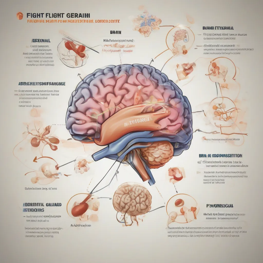 A diagram illustrating the key components of the fight-or-flight response, including the brain, adrenal glands, hormones, and physiological effects.