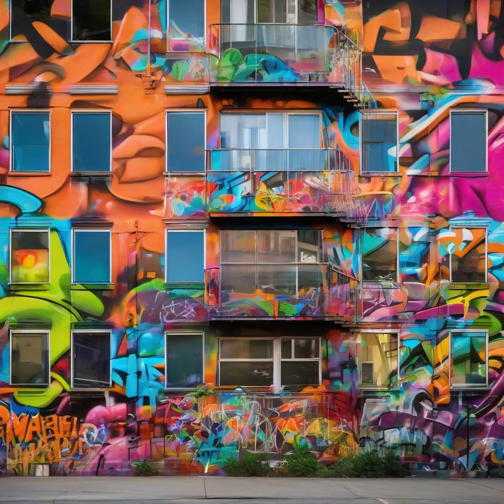 A vibrant and colorful graffiti mural covering an entire building wall.