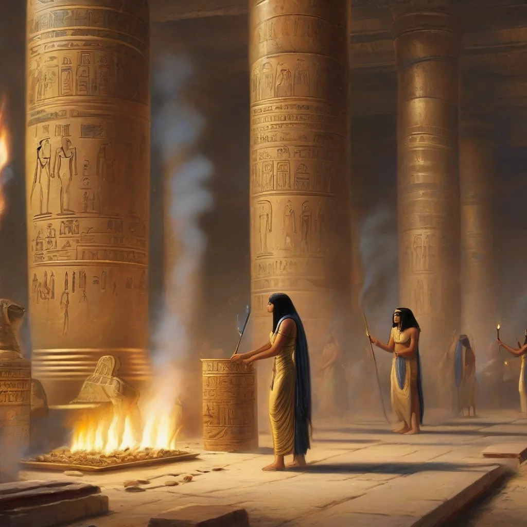 Ancient Egyptians burning incense in a temple.