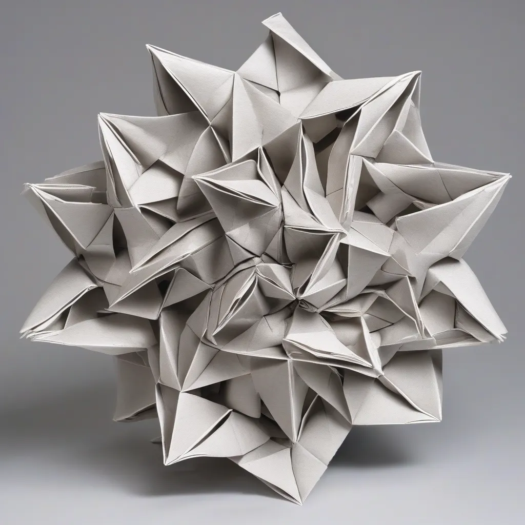 An image of a complex origami model made of a single piece of paper showing the mathematical precision of its structure.