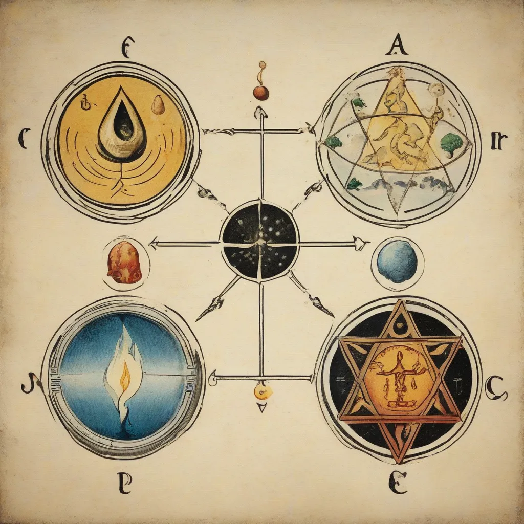 An image showing the common alchemical symbols for the four Aristotelian elements (earth, air, fire, water) and the three prima (sulfur, mercury, salt).