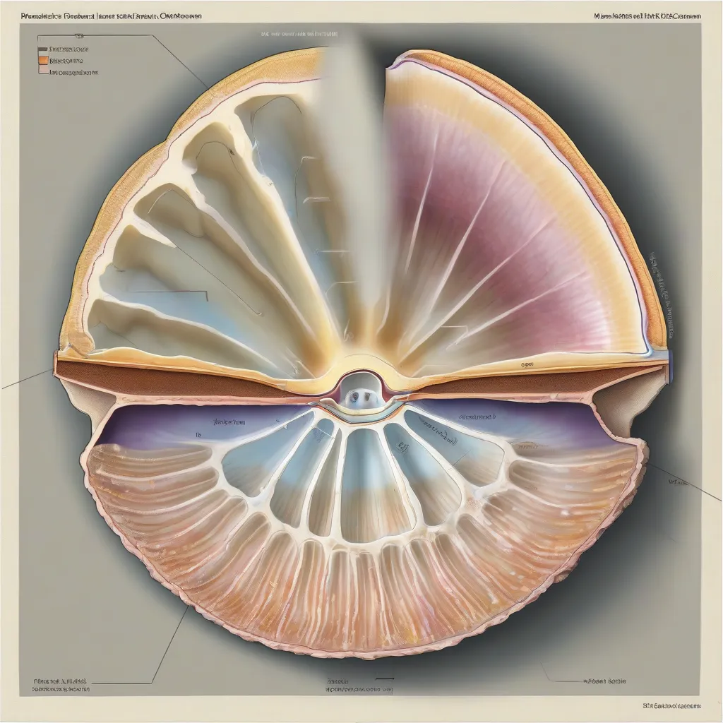 Cross-section diagram of a seashell showing the three main layers: periostracum, prismatic layer, and nacreous layer.