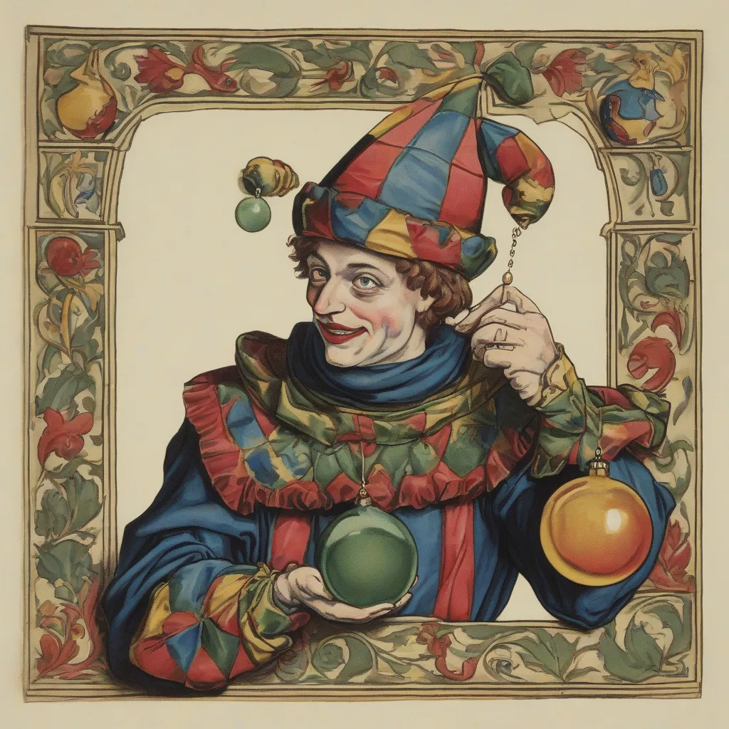A medieval court jester in motley, holding a bauble.