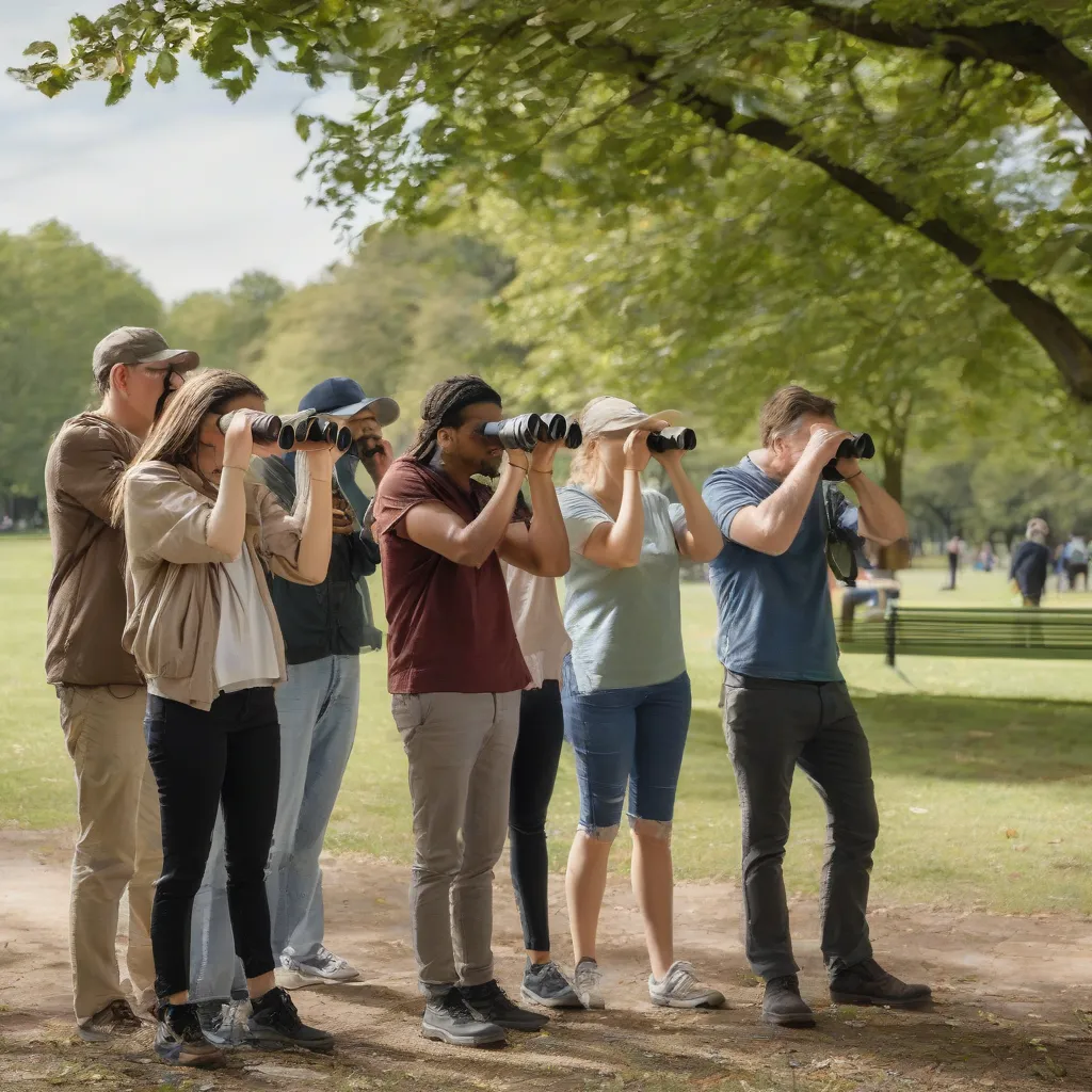 A group of people using binoculars to observe birds in a park.