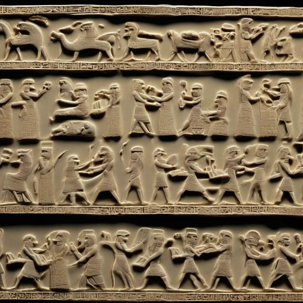 Impression of a Sumerian cylinder seal depicting a mythological scene.