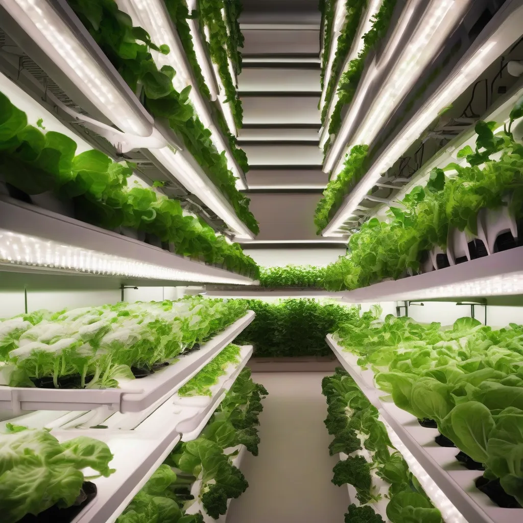 A multi-tiered vertical farm with leafy greens growing under LED lights.