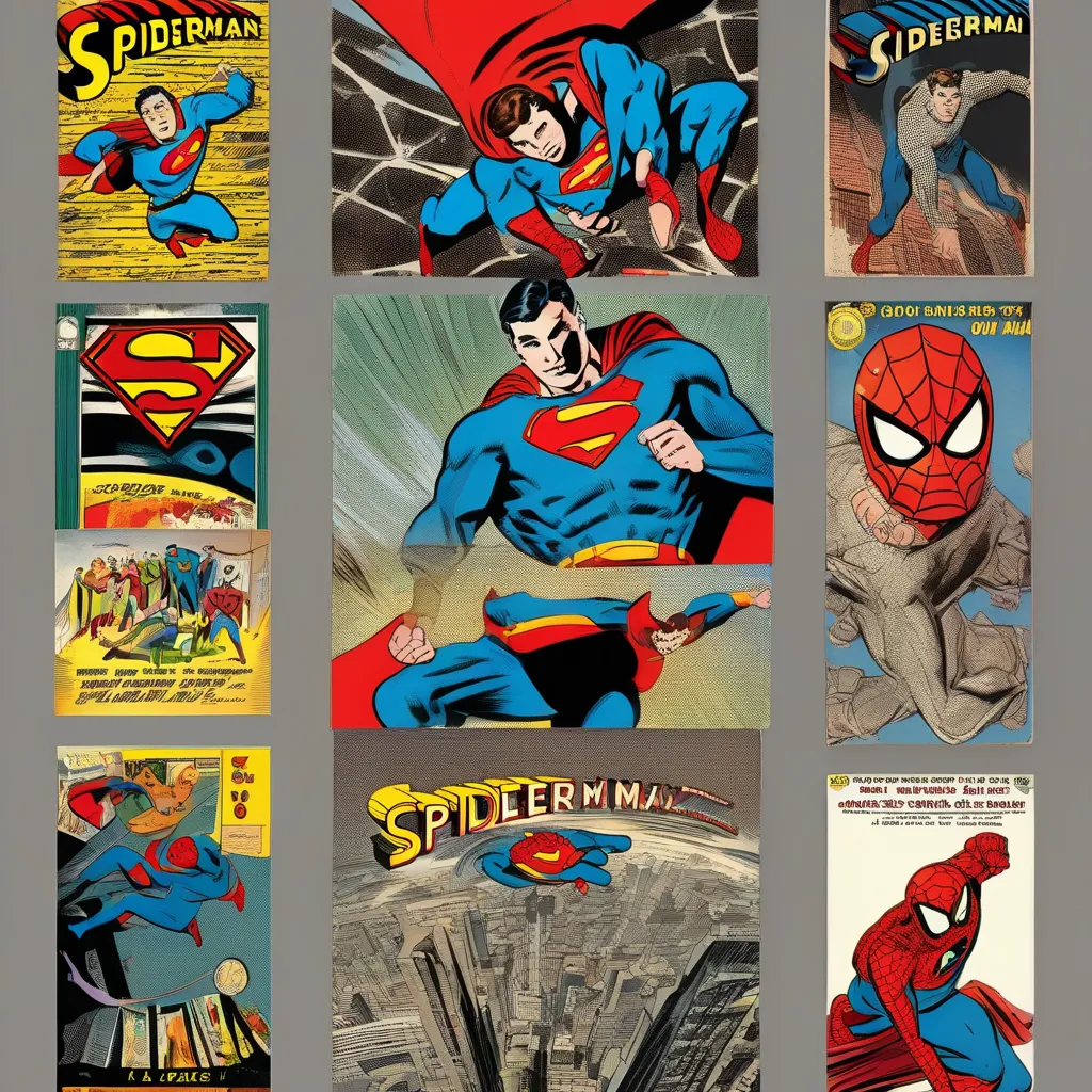 A collage showcasing classic comic book covers from different eras: Golden Age Superman, Silver Age Spider-Man, and a modern graphic novel.