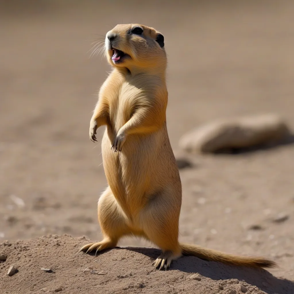 A prairie dog standing upright and seemingly \