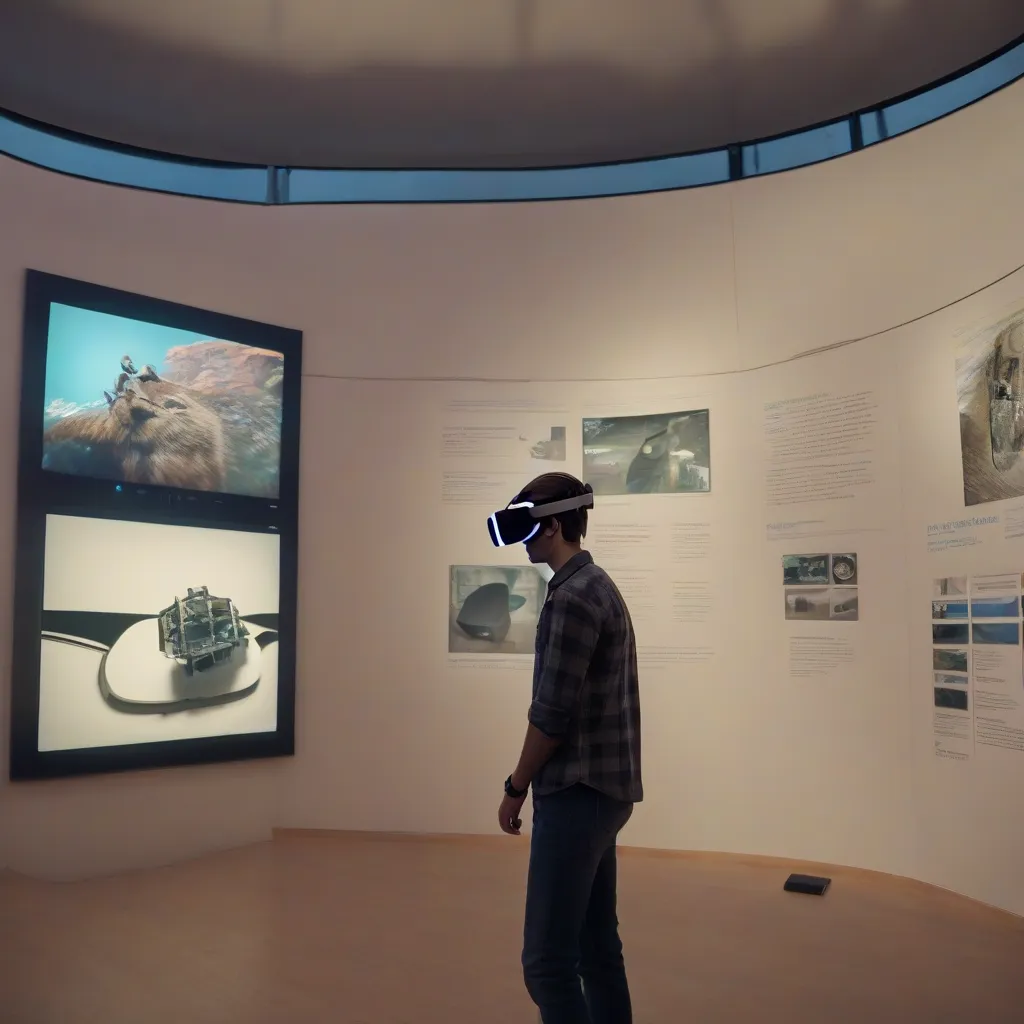 A person wearing a VR headset, looking at a virtual museum exhibit.