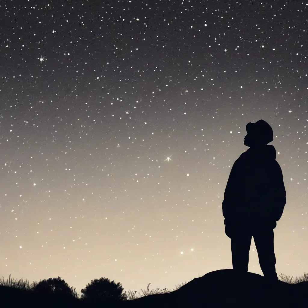 A person silhouetted against a starry night sky, looking thoughtfully.