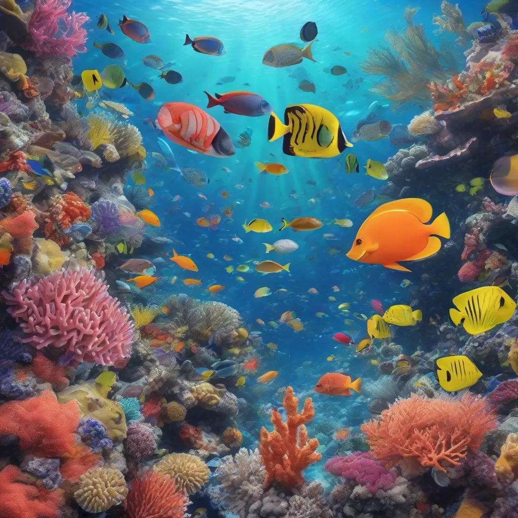 A vibrant coral reef teeming with colorful fish and other marine life.