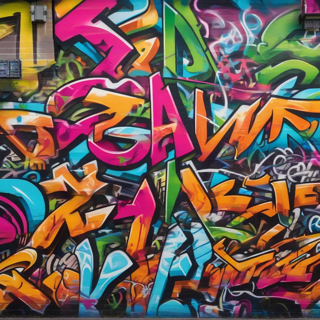 A vibrant and colorful graffiti mural covering an entire wall, showcasing intricate lettering and abstract designs.