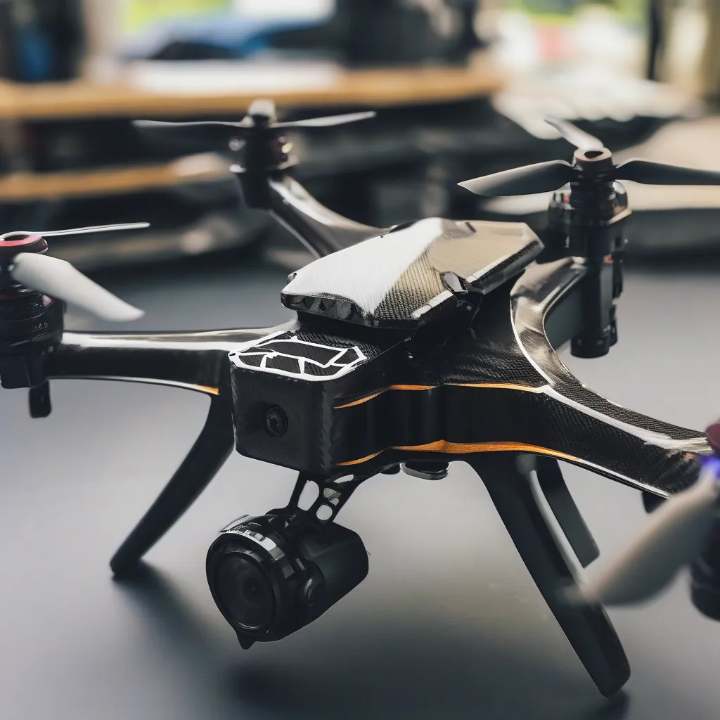 A close up of a racing drone, showing its carbon fiber frame, propellers, and onboard camera.