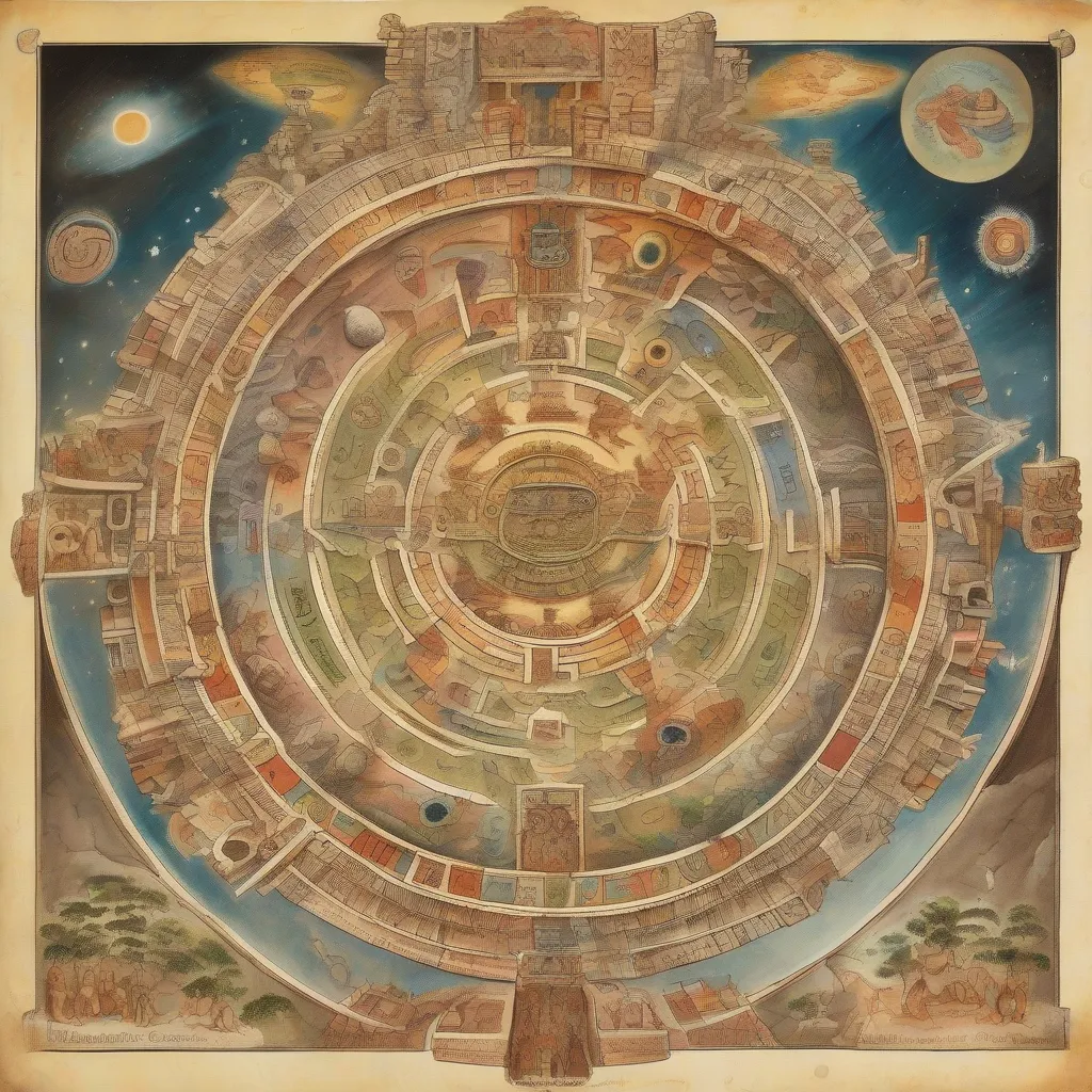 Illustration depicting Mayan cosmology, showing the connection between the underworld, earthly plane, and heavens.