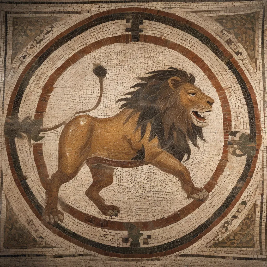 An intricate mosaic of a lion attacking a bull found in a Roman Villa.