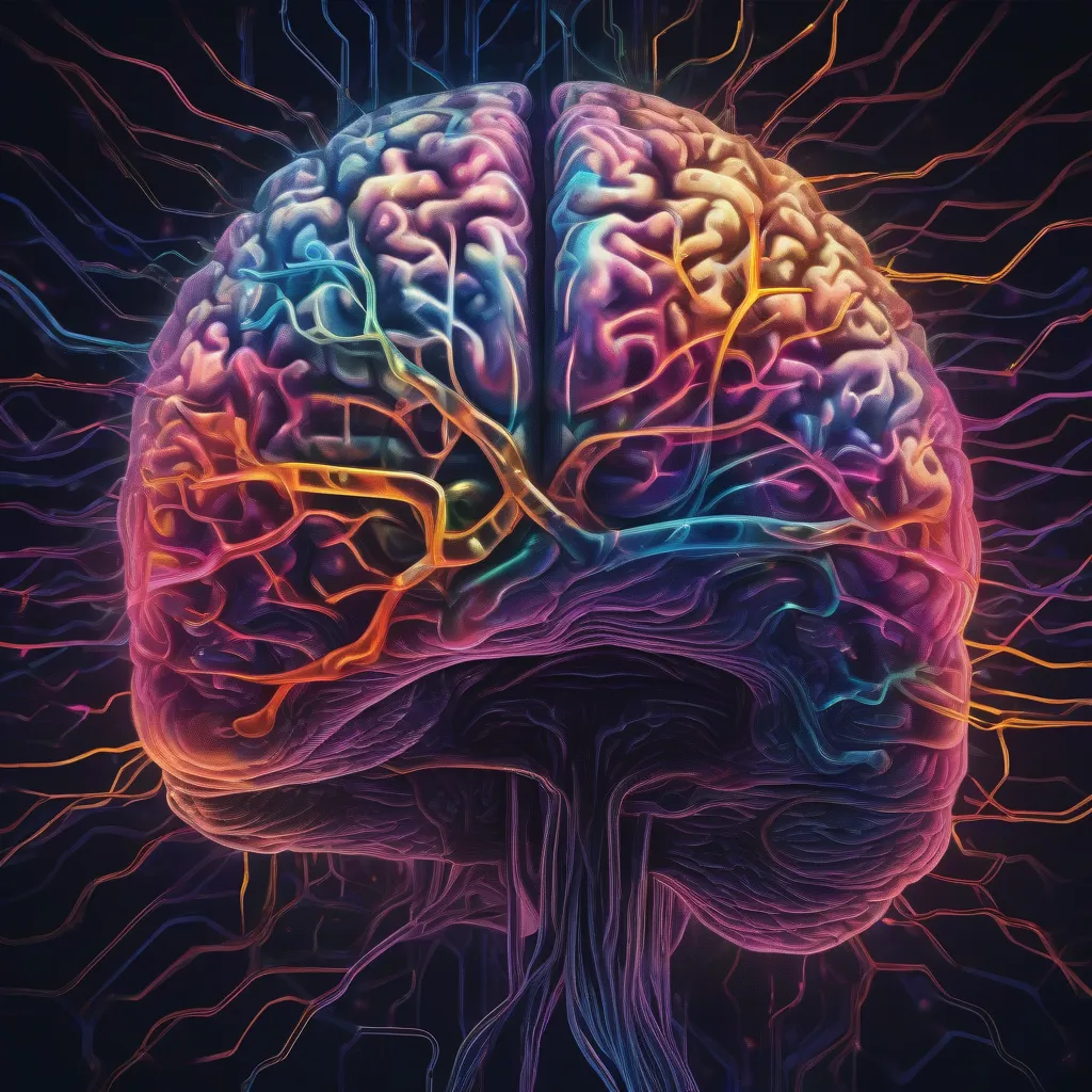 A vibrant, abstract illustration of a human brain glowing with intricate neural networks, symbolizing complex thought and consciousness.