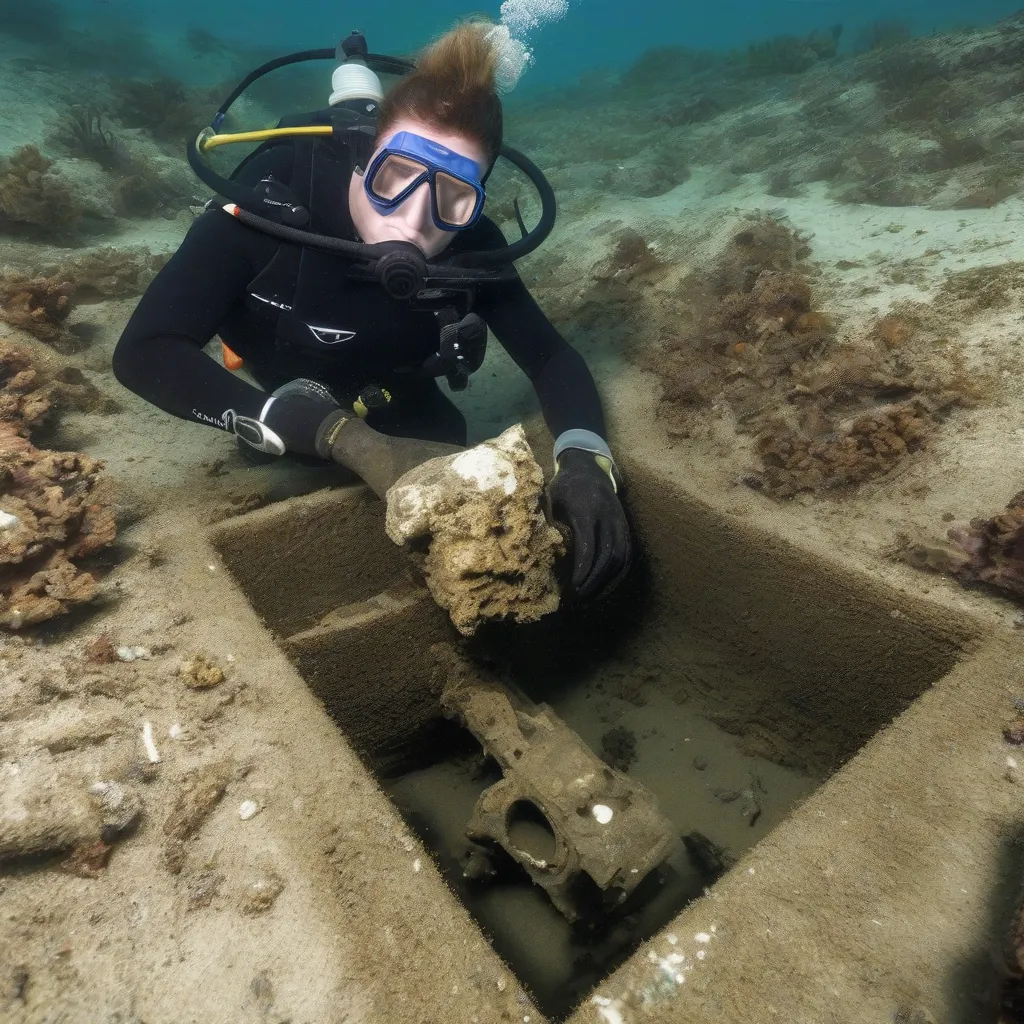 A diver carefully excavates artifacts from the Uluburun shipwreck site.