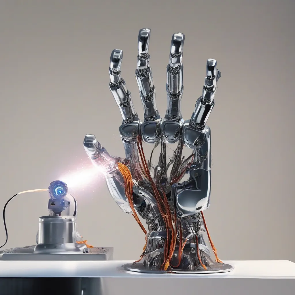 A robot hand recoiling from touching a hot surface.