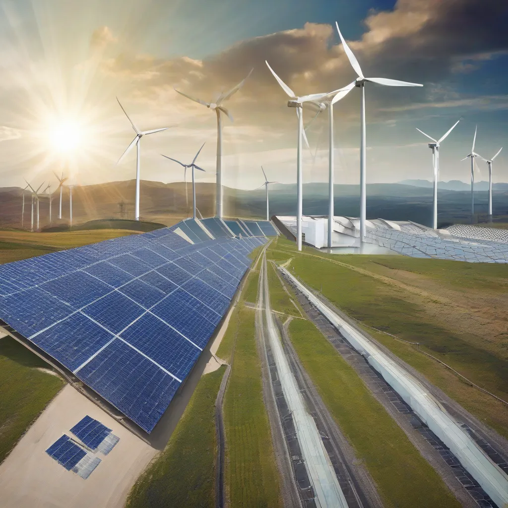 A collage showing solar panels, wind turbines, and a hydroelectric dam.