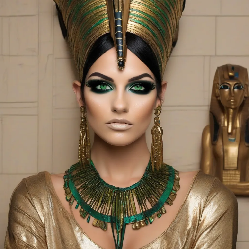A modern recreation of ancient Egyptian makeup featuring kohl eyeliner and green eyeshadow.