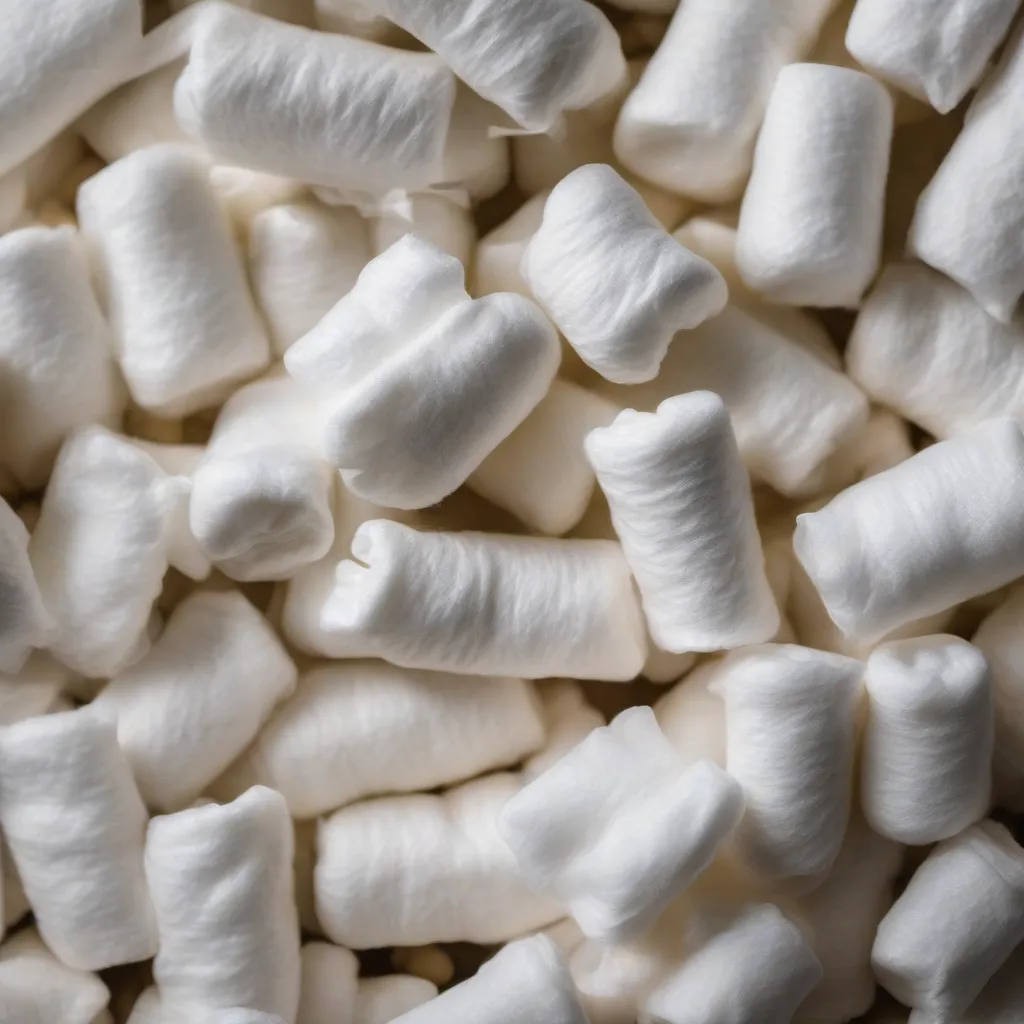 A close up of biodegradable packing peanuts made from cornstarch.
