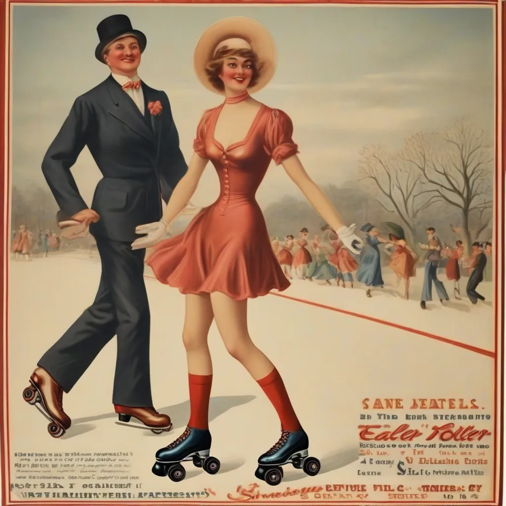 A vintage advertisement for early roller skates featuring a woman gracefully skating.