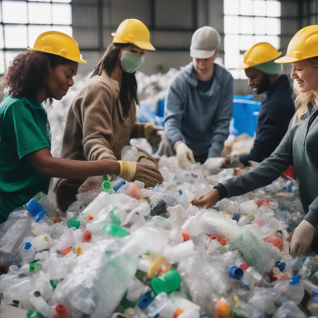 A diverse group of people sorting recyclable plastic materials at a recycling plant.
