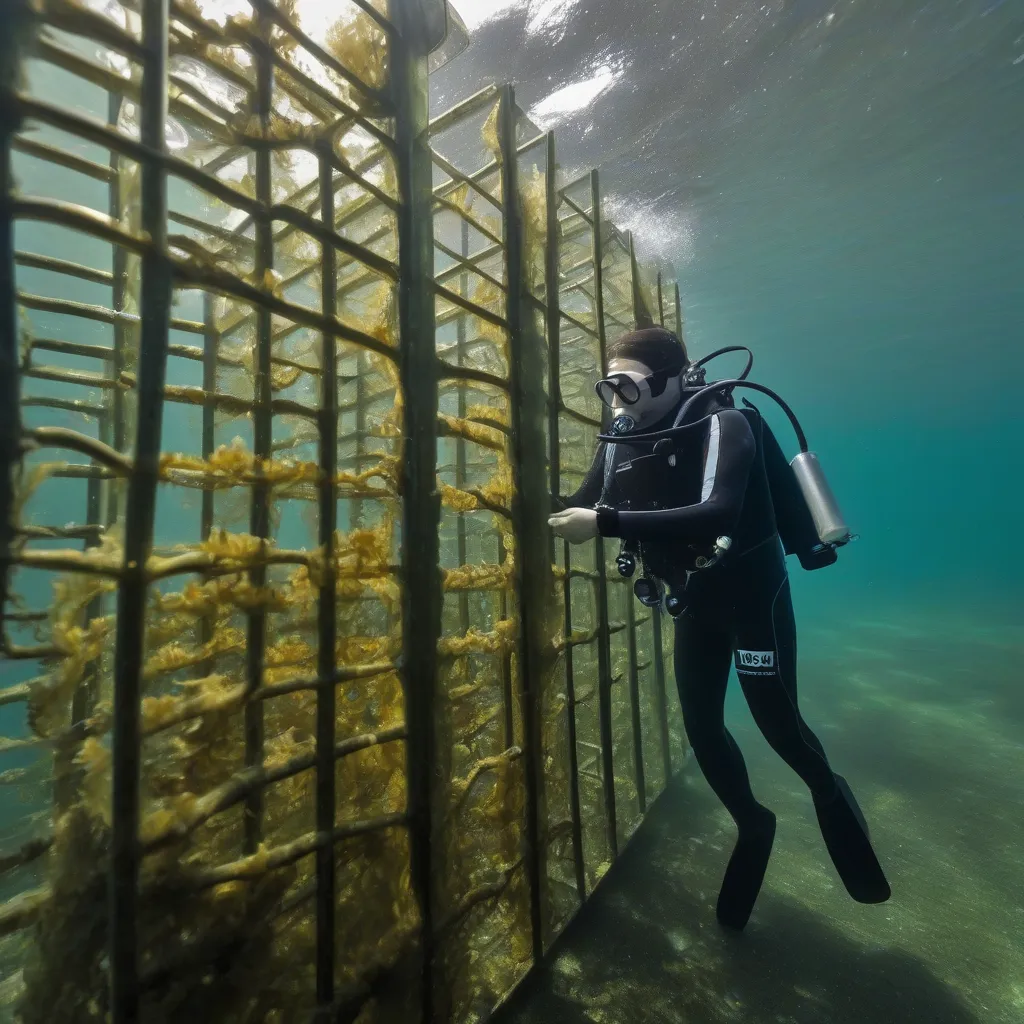 A diver inspecting a seaweed farm structure underwater.
