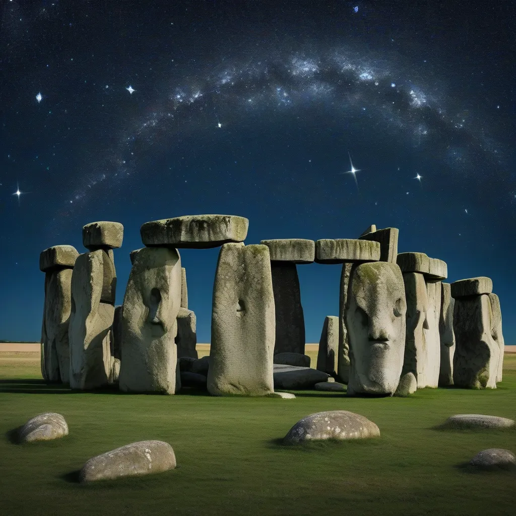 Stonehenge under a starry night sky, showcasing its alignment with celestial events.