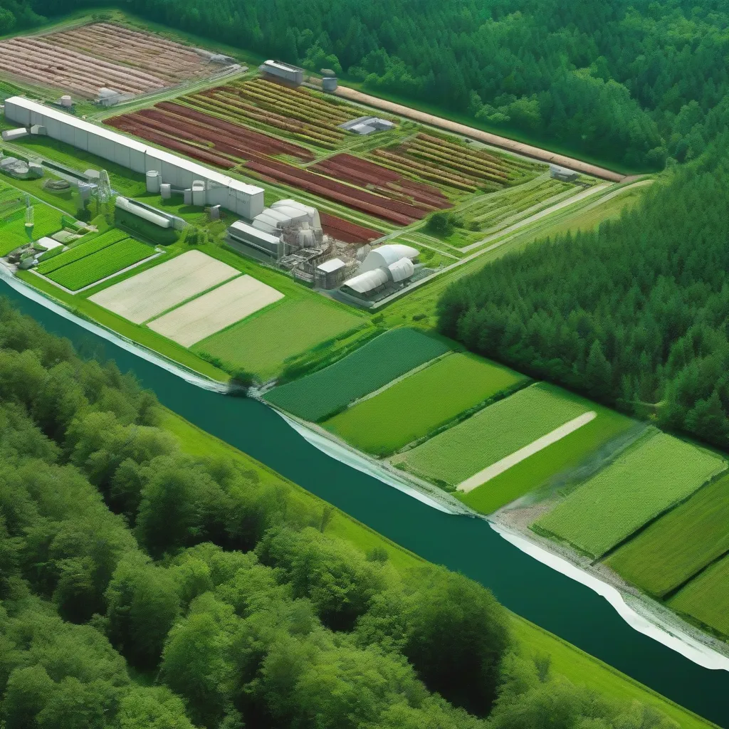 A split image showing a factory farm on one side and a lush green forest on the other, symbolizing the environmental impact of different food choices.