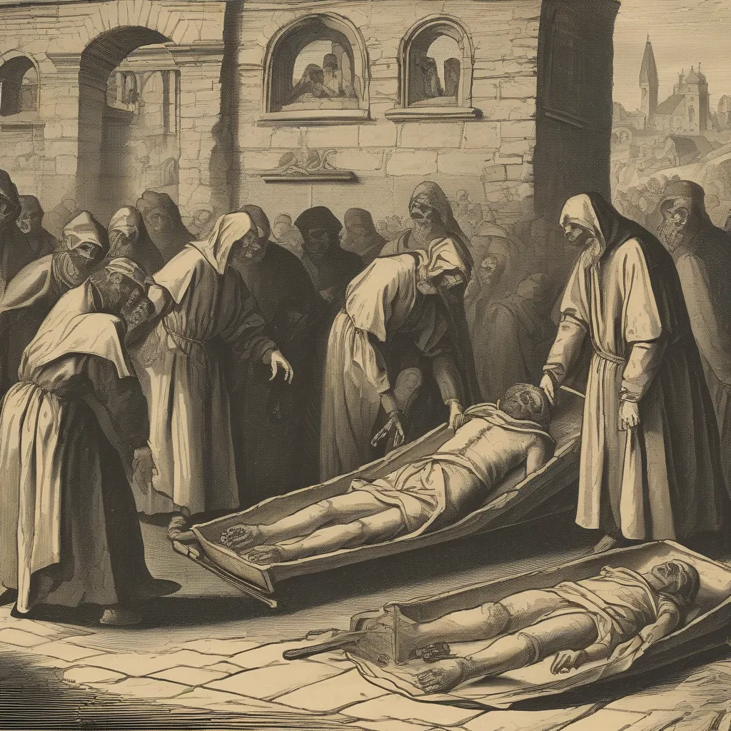 Illustration showing dead bodies being collected during Justinianic Plague