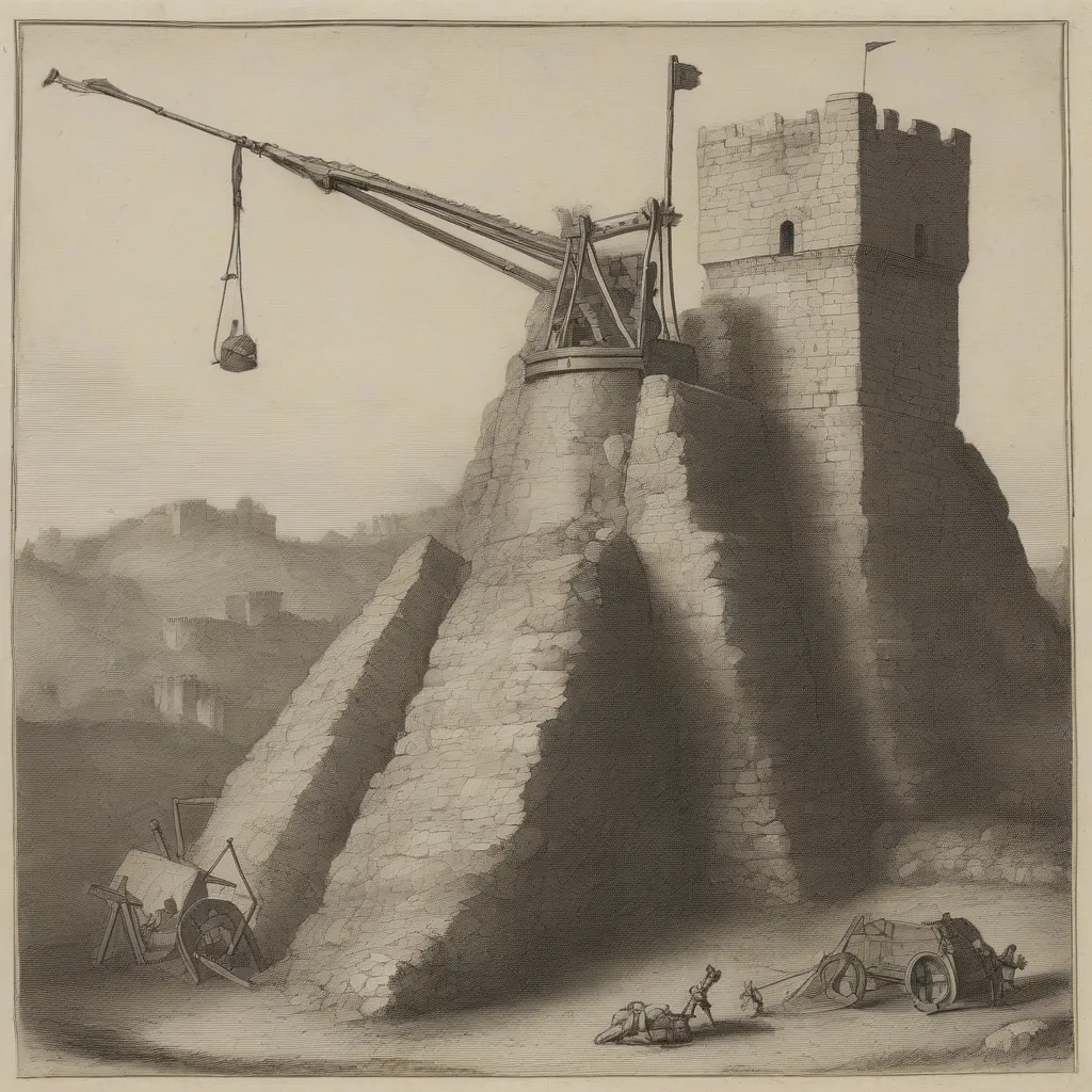 A large trebuchet launching a boulder at a castle wall