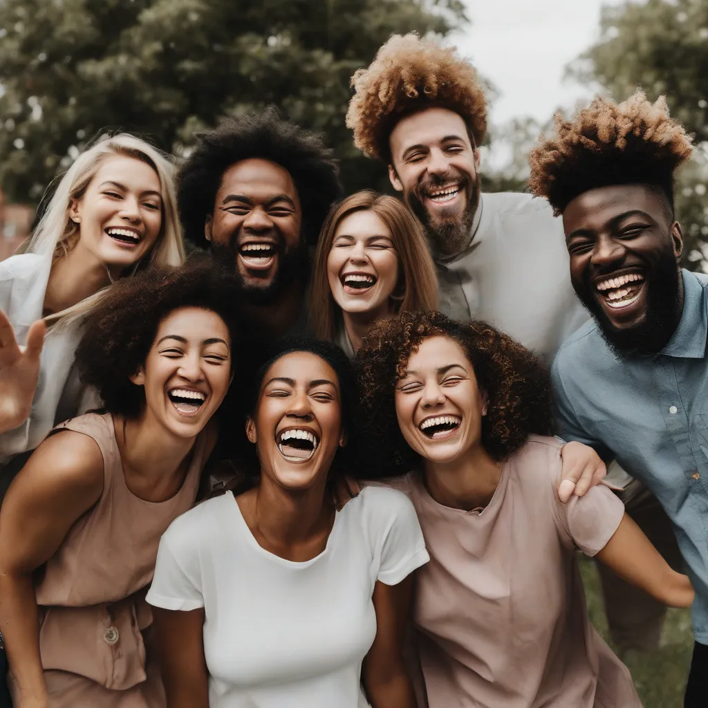 A diverse group of people laughing together outdoors