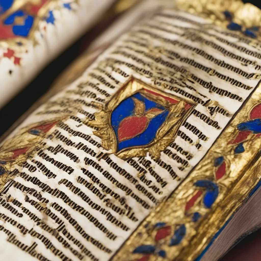 A close-up of a medieval manuscript showing gold leaf detail and vibrant colors.