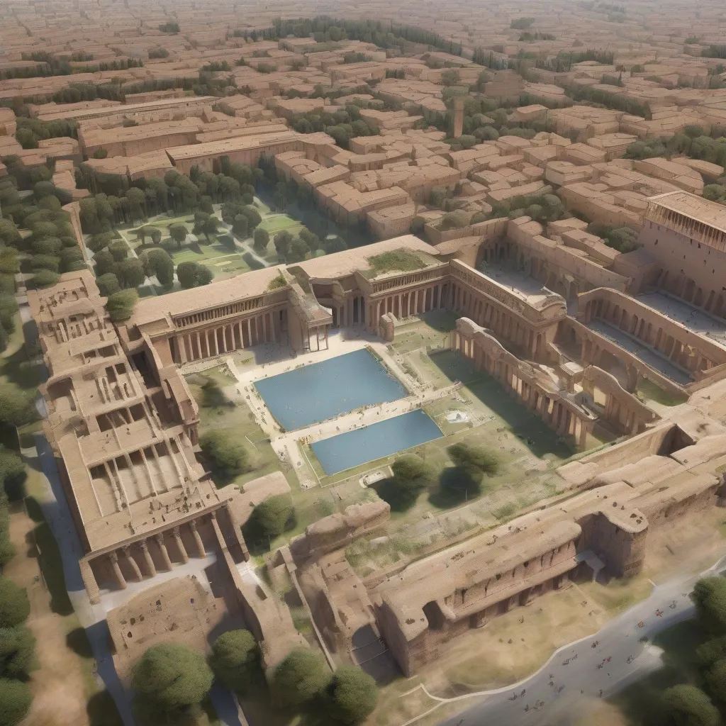 A digitally rendered aerial view of the Baths of Caracalla in Rome, showing the scale and layout of the complex.