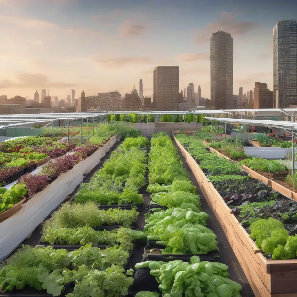 A vibrant rooftop farm with rows of vegetables and herbs, showcasing the efficient use of urban space.