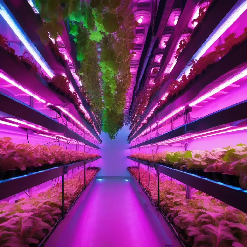 A modern vertical farm with rows of leafy greens illuminated by pink and blue LED lights.