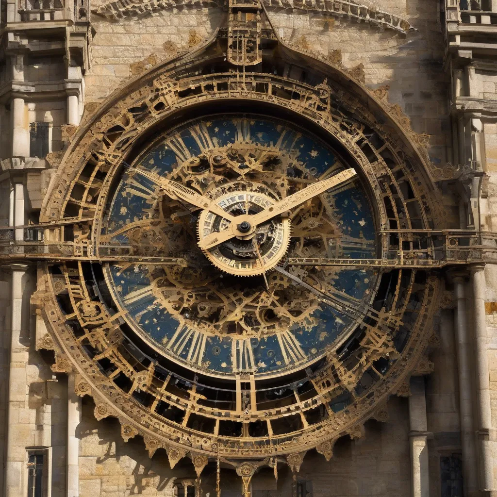 An elaborate medieval tower clock with intricate gears and astronomical displays.