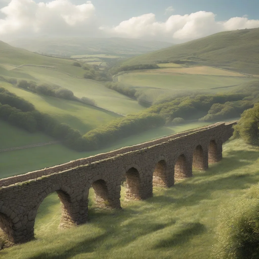 A section of a stone Roman aqueduct stretching across a valley.