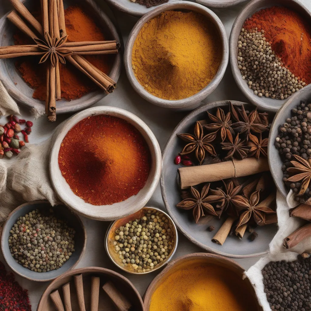 A close-up shot of various whole spices arranged artfully.